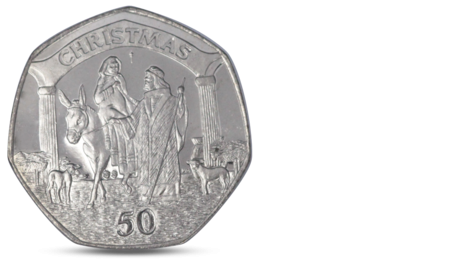 Gibraltar 50 pence Christmas - Mary on donkey Joseph among lambs